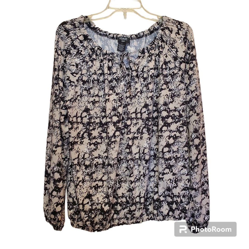 Verve Ami Large L Black Grey Boho Blouse Top Elastic Wrist Waist Scoop Neck